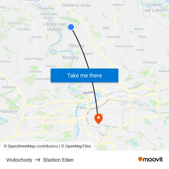 Vodochody to Stadion Eden map