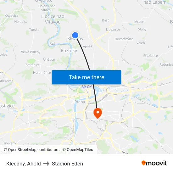 Klecany, Ahold to Stadion Eden map