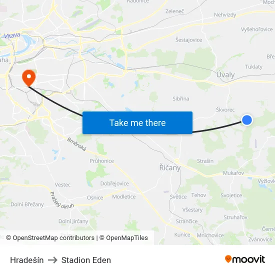 Hradešín to Stadion Eden map