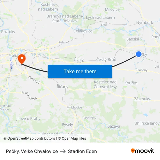 Pečky, Velké Chvalovice to Stadion Eden map