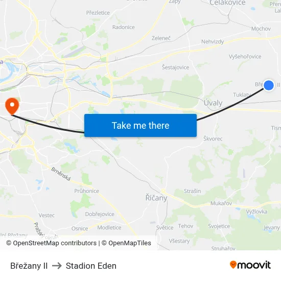 Břežany II to Stadion Eden map