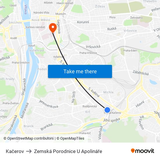 Kačerov to Zemská Porodnice U Apolináře map