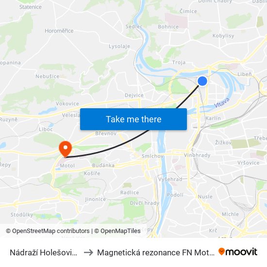 Nádraží Holešovice to Magnetická rezonance FN Motol map