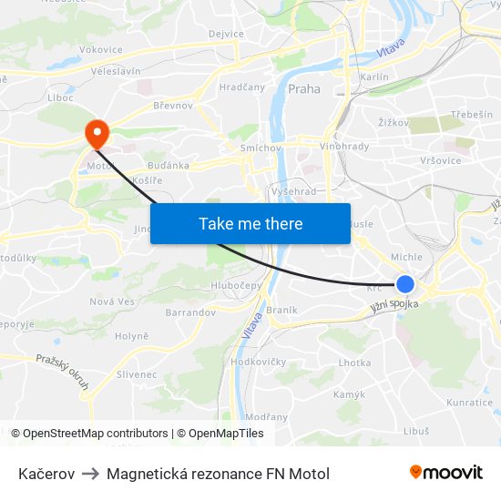 Kačerov to Magnetická rezonance FN Motol map