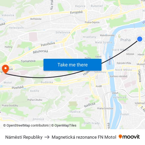 Náměstí Republiky to Magnetická rezonance FN Motol map