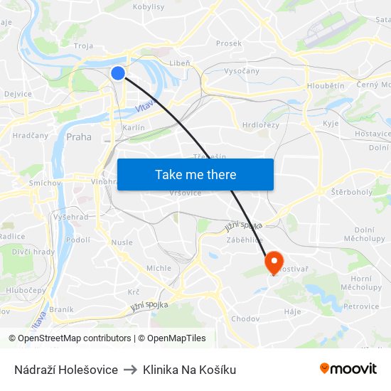 Nádraží Holešovice to Klinika Na Košíku map