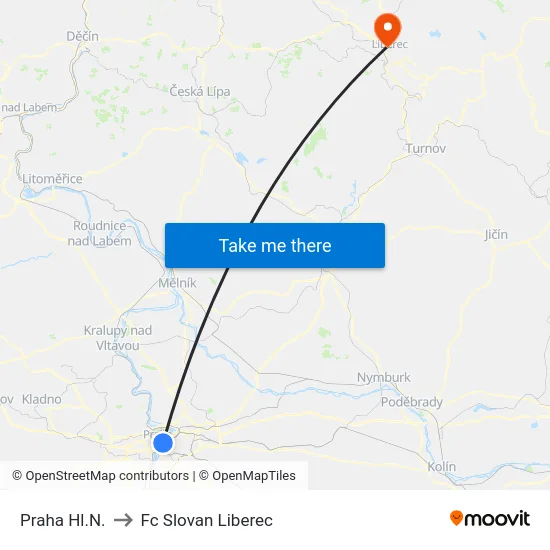 Praha Hl.N. to Fc Slovan Liberec map