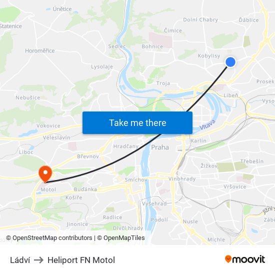 Ládví to Heliport FN Motol map