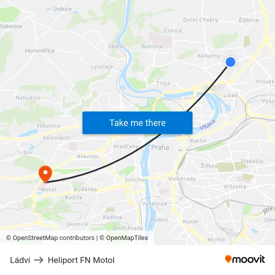 Ládví to Heliport FN Motol map