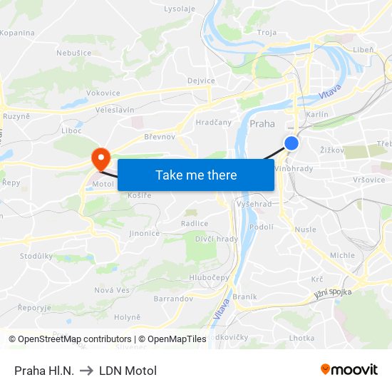 Praha Hl.N. to LDN Motol map