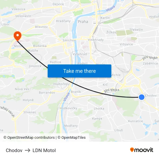 Chodov to LDN Motol map