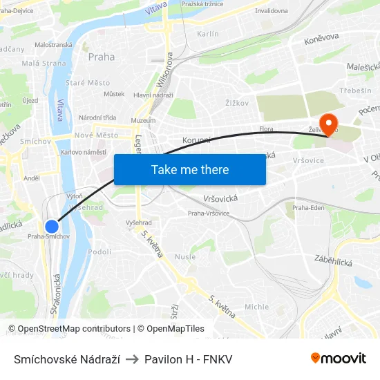 Smíchovské Nádraží to Pavilon H - FNKV map