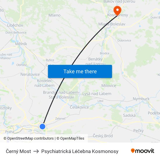 Černý Most to Psychiatrická Léčebna Kosmonosy map