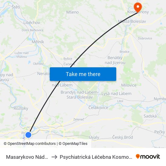 Masarykovo Nádraží to Psychiatrická Léčebna Kosmonosy map