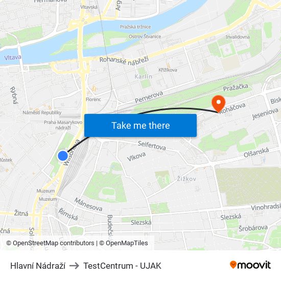 Hlavní Nádraží to TestCentrum - UJAK map