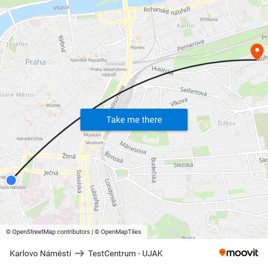 Karlovo Náměstí to TestCentrum - UJAK map