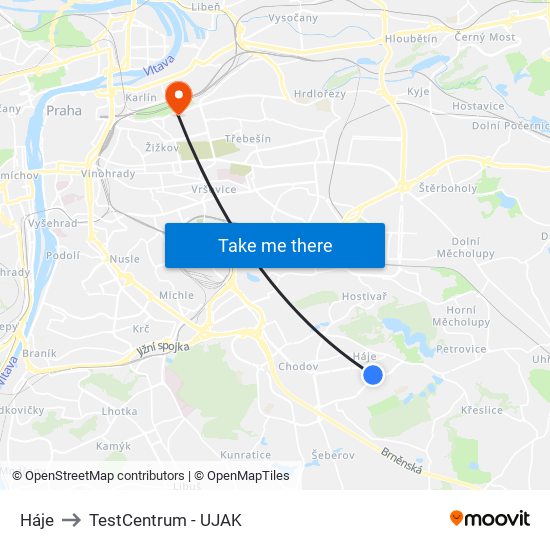 Háje to TestCentrum - UJAK map