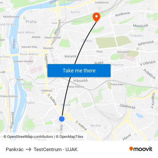 Pankrác to TestCentrum - UJAK map