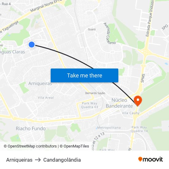 Arniqueiras to Candangolândia map
