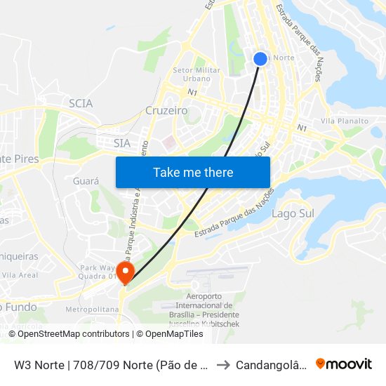 W3 Norte | 708/709 Norte (Pão de Açúcar) to Candangolândia map