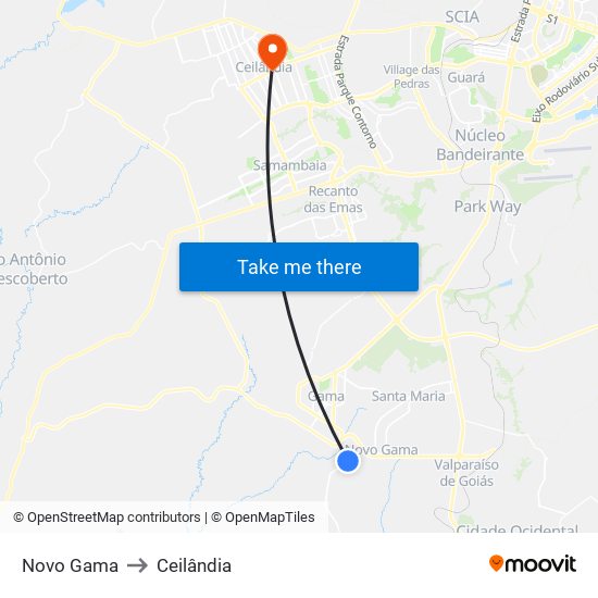 Novo Gama to Ceilândia map