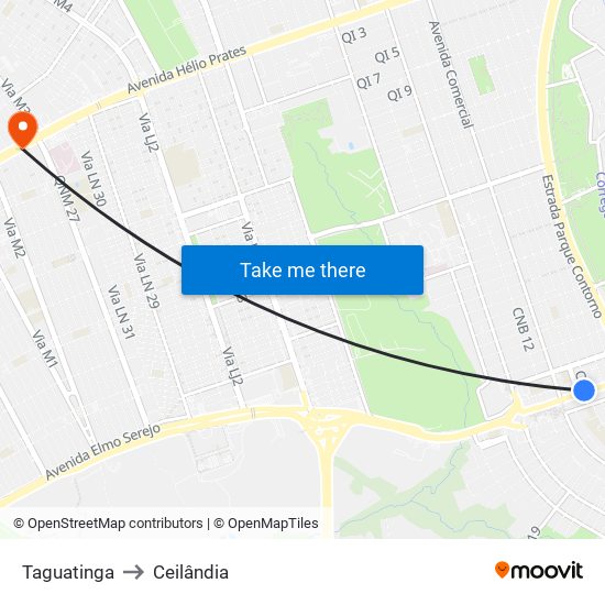Taguatinga to Ceilândia map