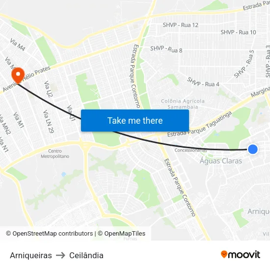 Arniqueiras to Ceilândia map