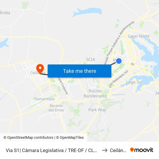 Via S1| Câmara Legislativa / TRE-DF / CLUBE FM to Ceilândia map