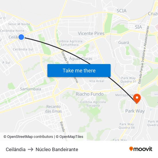 Ceilândia to Núcleo Bandeirante map