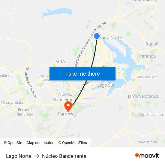 Lago Norte to Núcleo Bandeirante map
