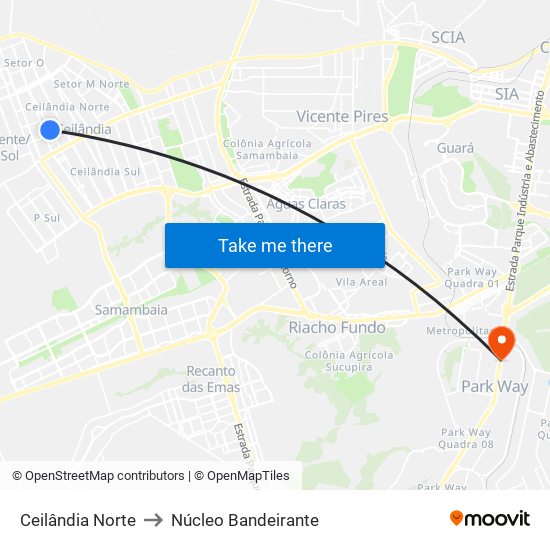 Ceilândia Norte to Núcleo Bandeirante map