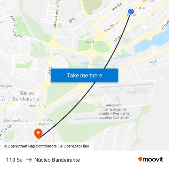 110 Sul to Núcleo Bandeirante map