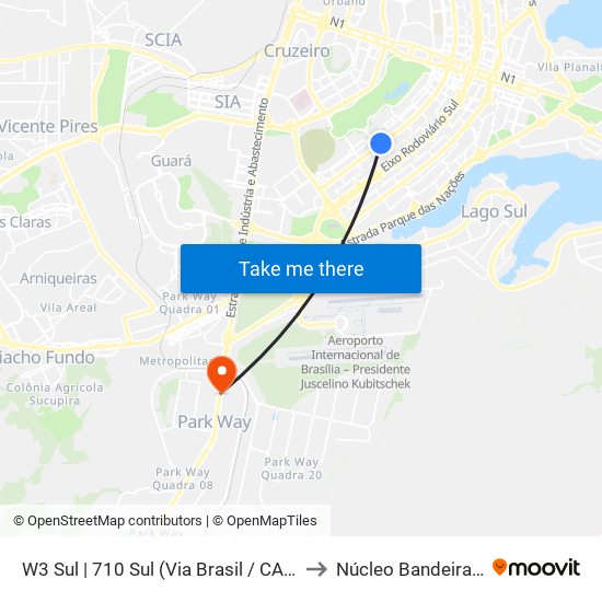 W3 Sul | 710 Sul (Via Brasil / CASEB) to Núcleo Bandeirante map
