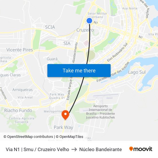 Via N1 | Smu / Cruzeiro Velho to Núcleo Bandeirante map