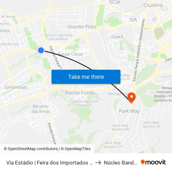 Via Estádio | Feira dos Importados de Taguatinga to Núcleo Bandeirante map