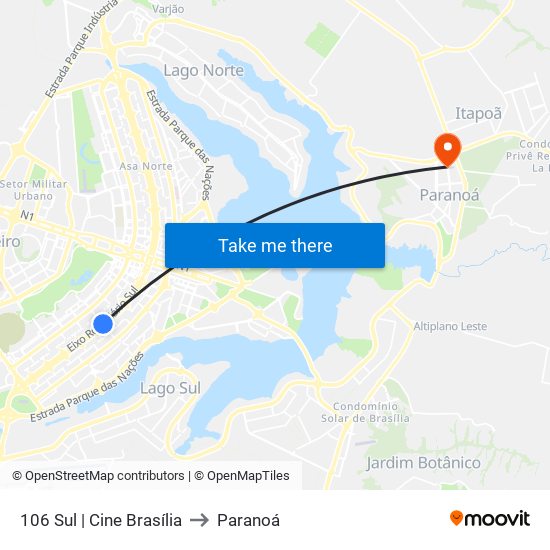 106 Sul | Cine Brasília to Paranoá map