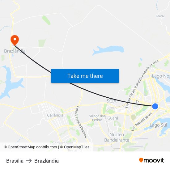 Brasília to Brazlândia map