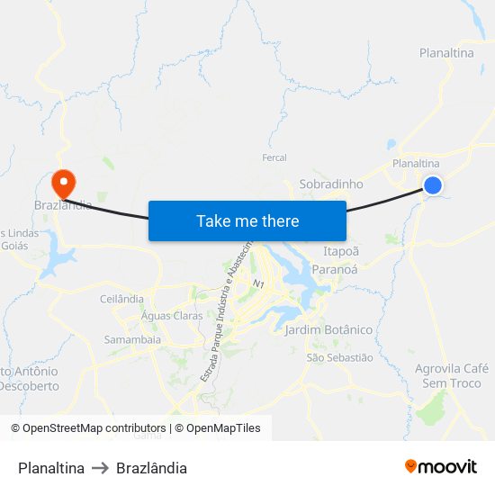 Planaltina to Brazlândia map
