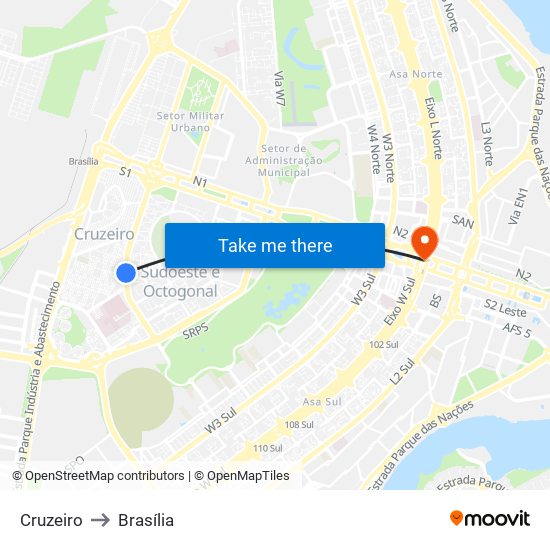 Cruzeiro to Brasília map
