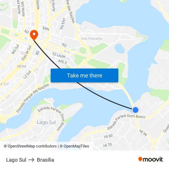 Lago Sul to Brasília map