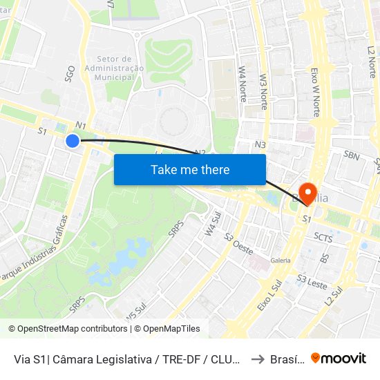 Via S1| Câmara Legislativa / TRE-DF / CLUBE FM to Brasília map