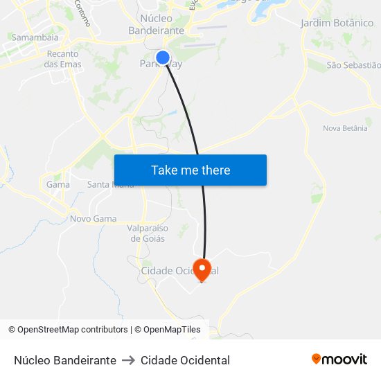 Núcleo Bandeirante to Cidade Ocidental map