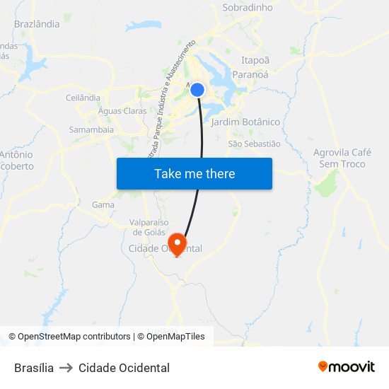 Brasília to Cidade Ocidental map