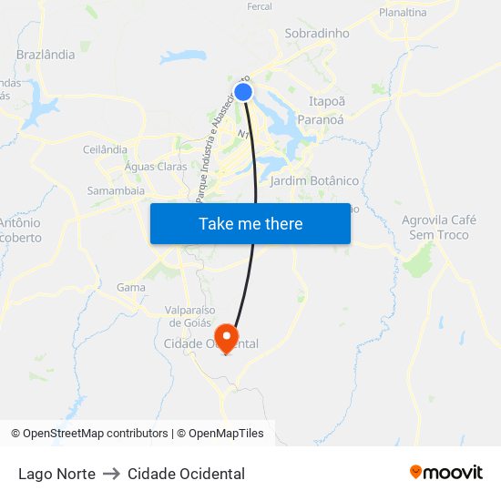 Lago Norte to Cidade Ocidental map