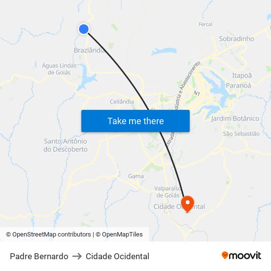 Padre Bernardo to Cidade Ocidental map