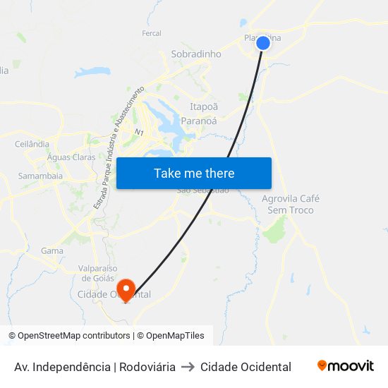 Av. Independência | Rodoviária to Cidade Ocidental map