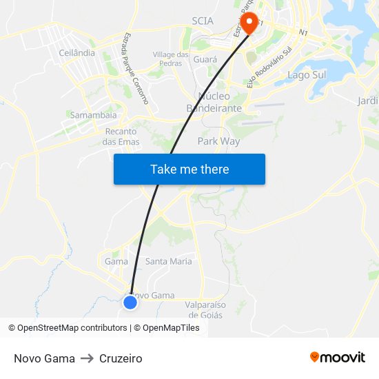 Novo Gama to Cruzeiro map