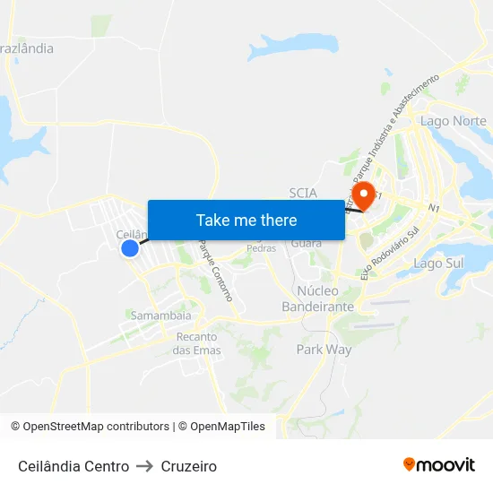Ceilândia Centro to Cruzeiro map