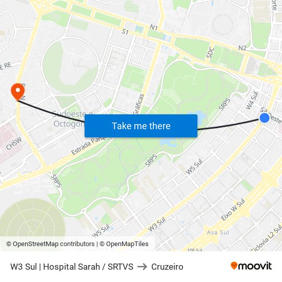 W3 Sul | Hospital Sarah / SRTVS to Cruzeiro map