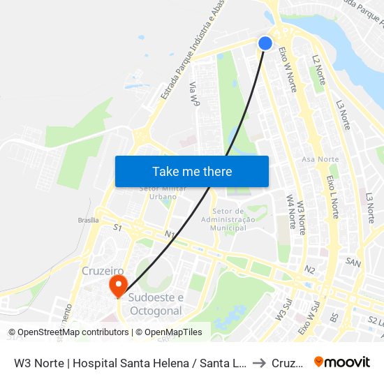 W3 Norte | Hospital Santa Helena / Santa Lúcia Norte to Cruzeiro map